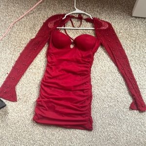 Oh Polly St. Germain Embellished Long Sleeve Mini Dress in Red Size 10
